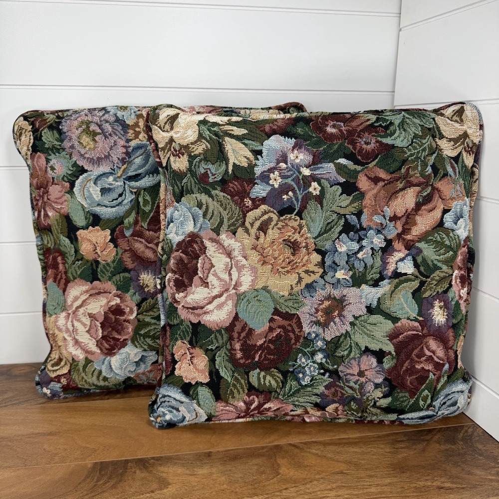 VTG Grandmillennial English Country Floral Pillows 2pc Rose Tapestry Boho 16x16‎